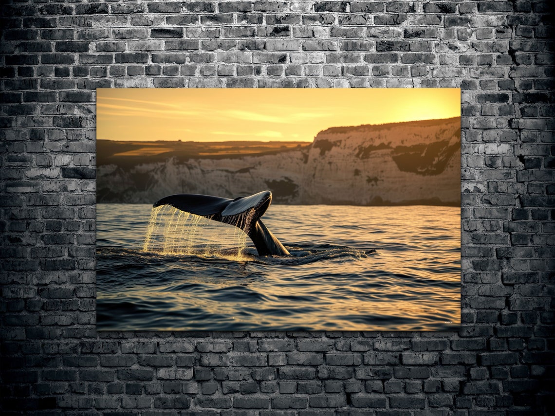 Whale Tail Splash Diving at Golden Sunset by Ocean Cliffs Poster - Image 2