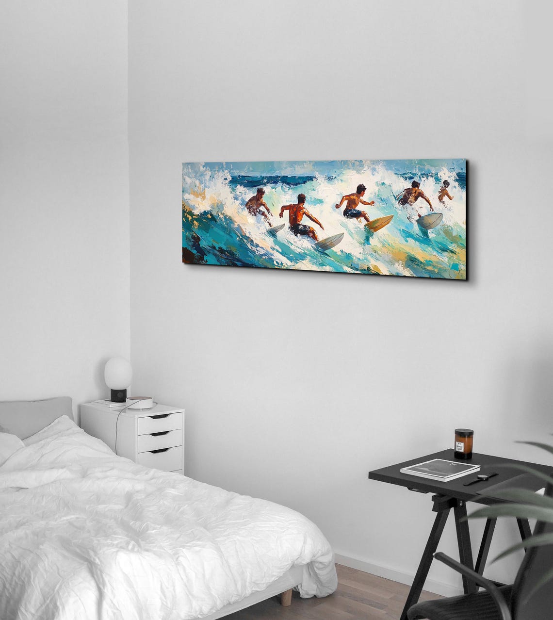 Surfers Riding Crashing Waves Ocean Action Panoramic Painting Poster - Image 3