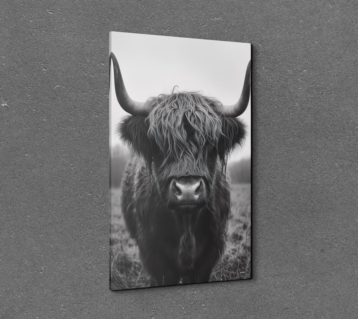 Black And White Highland Cow Close Up Shaggy Portrait Wall Art - Image 3