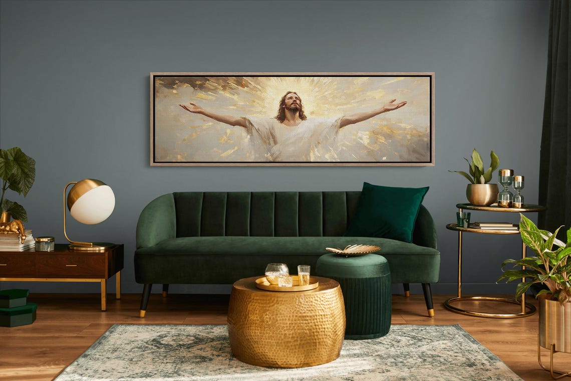 Jesus Christ Open Arms Glowing Golden Light Christian Faith Poster - Image 2