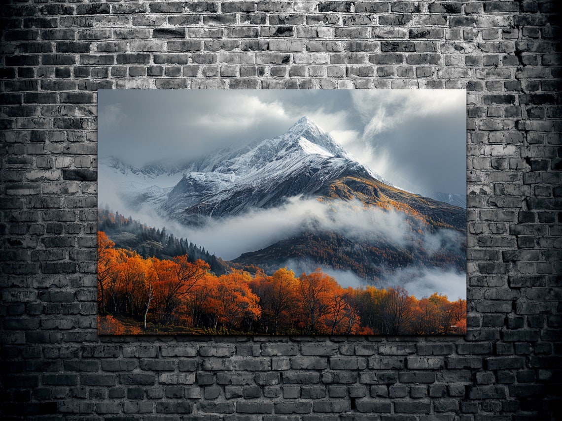 Snowcapped Mountain Peak Mist Autumn Orange Trees Landscape Wall Art - Image 2