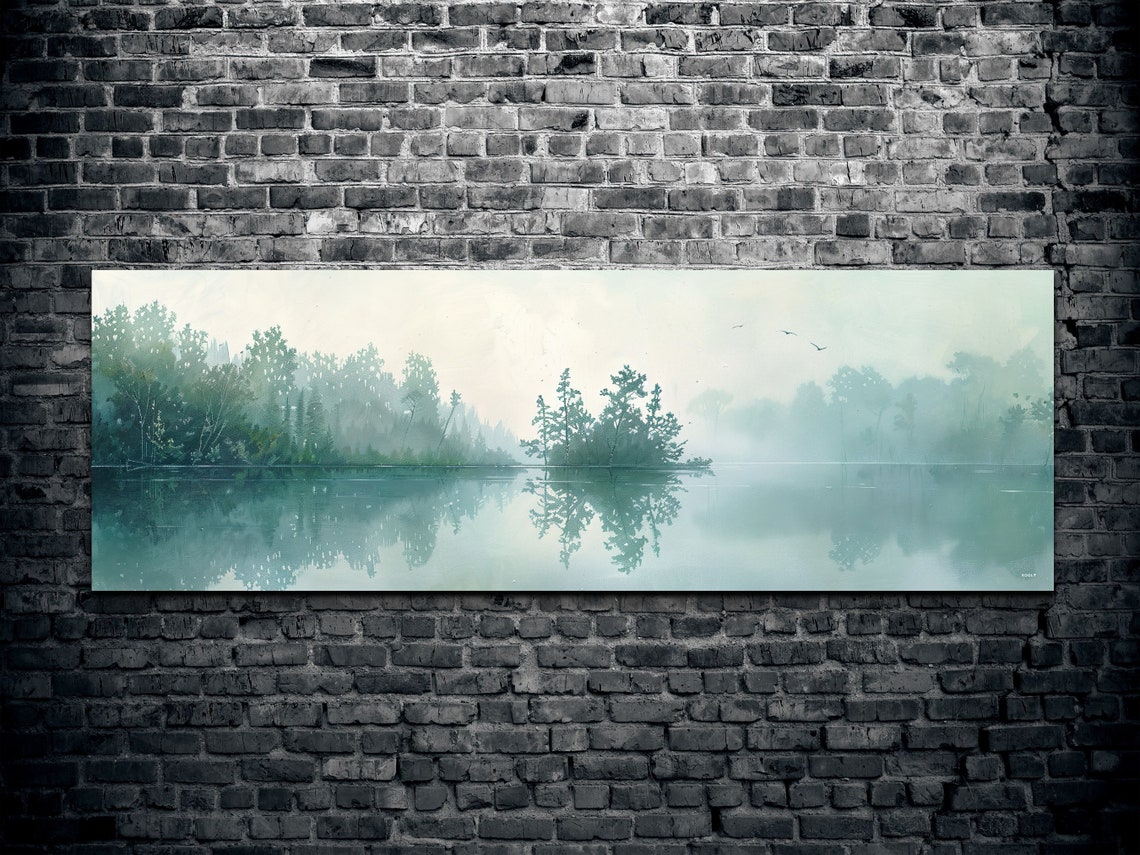 Teal Misty Lake With Green Forest Shoreline Panoramic Poster - Image 2