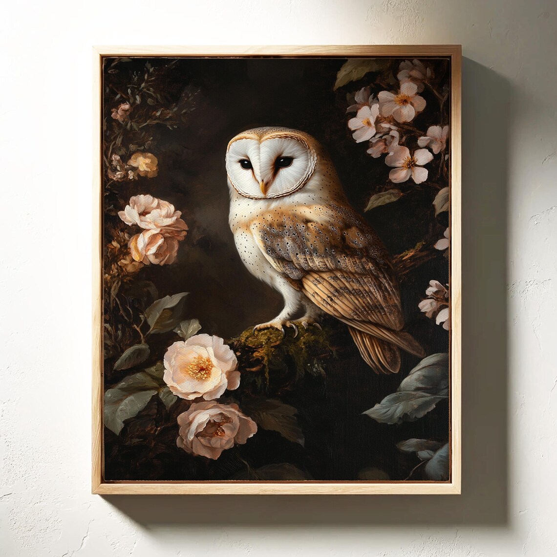 Barn Owl Perched on Mossy Branch Dark Floral Wildlife Art Poster - Image 3