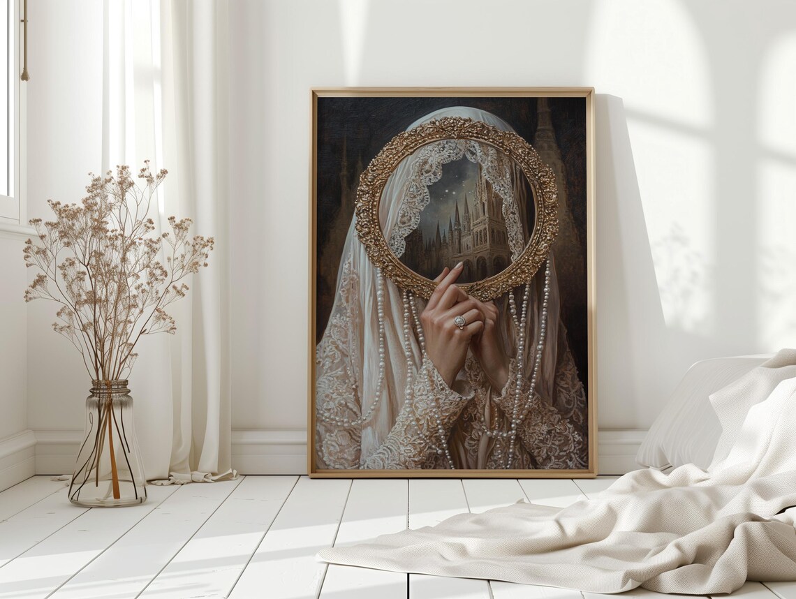 Veiled Woman Cathedral Mirror Lace Pearl Baroque Surreal Poster