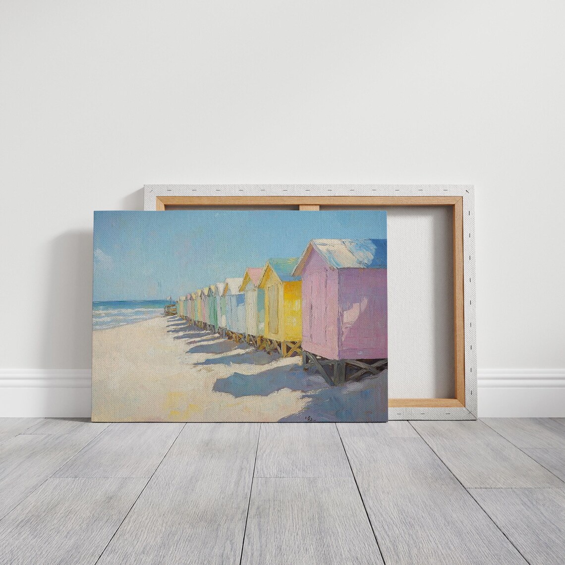 Pastel Beach Huts Shoreline Colorful Coastal Oil Painting Poster - Image 3
