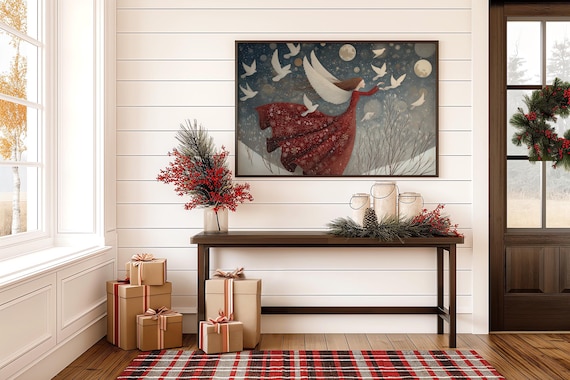 Angel in Red Dress with Doves Under Moonlight Christmas Night Poster