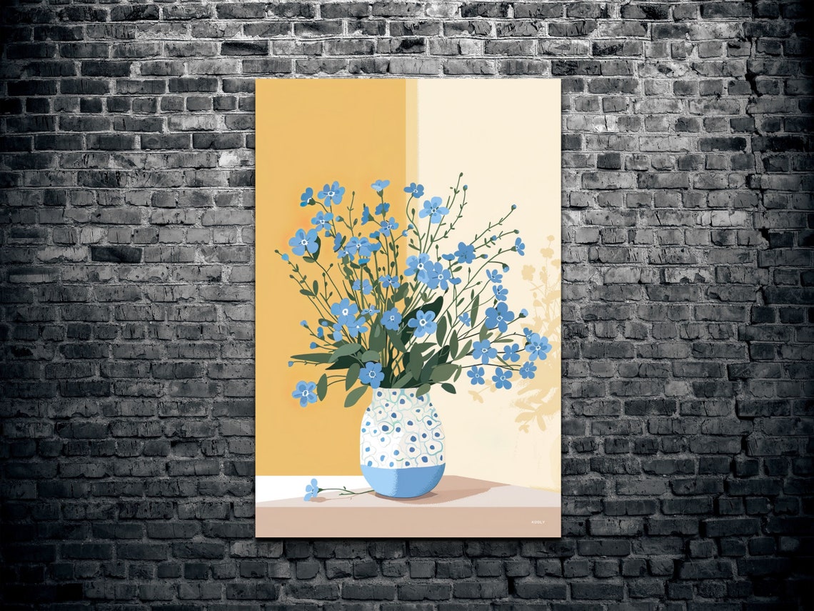 Blue Wildflowers in Patterned Vase Mustard Modern Floral Poster - Image 2