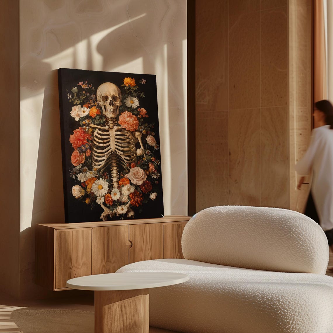 Skeleton With Vibrant Floral Bouquet Gothic Dark Botanical Wall Art - Image 4