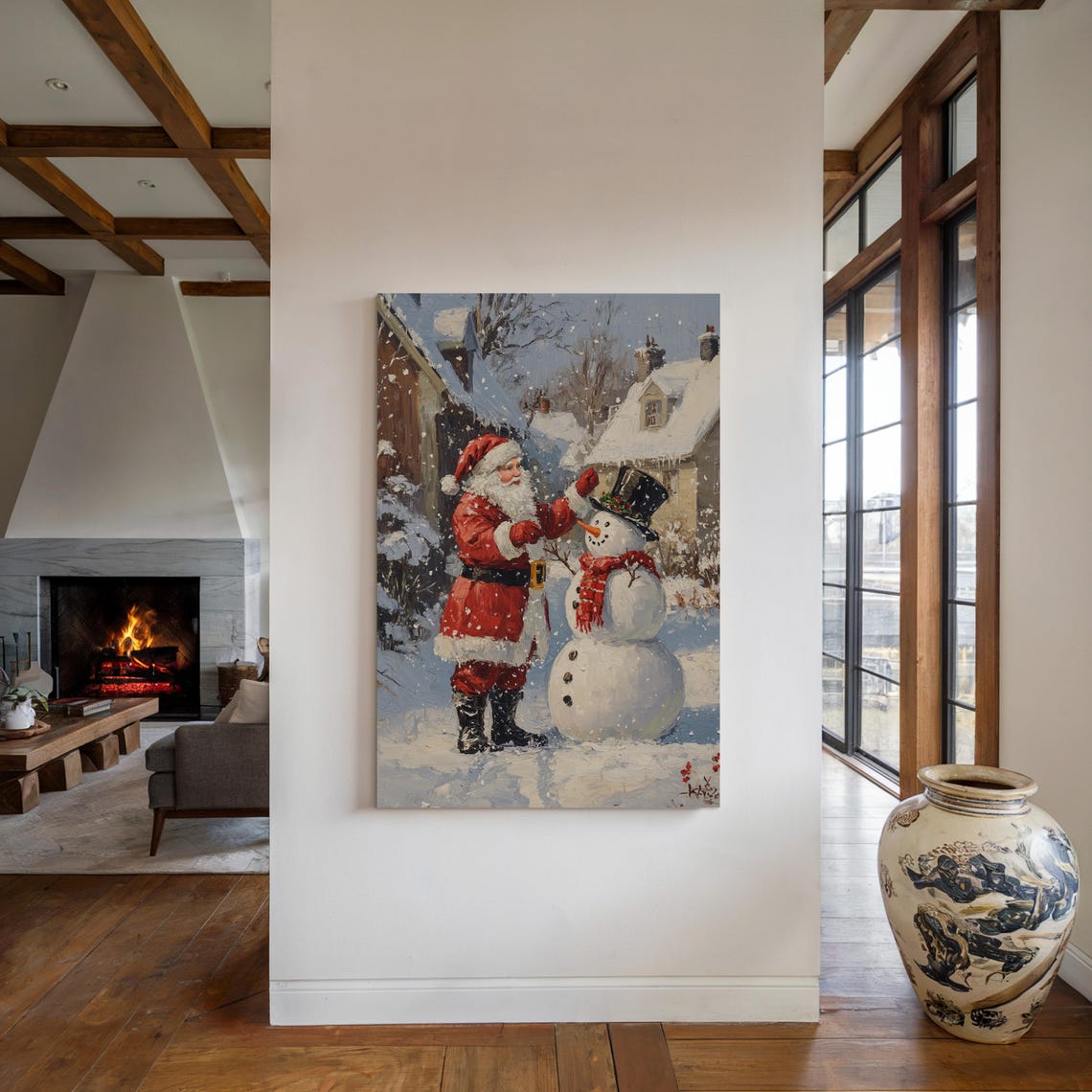 Santa Building Snowman Vintage Oil Painting Christmas Holiday Wall Art Festive Winter Scene For Seasonal Home Decor - Image 4