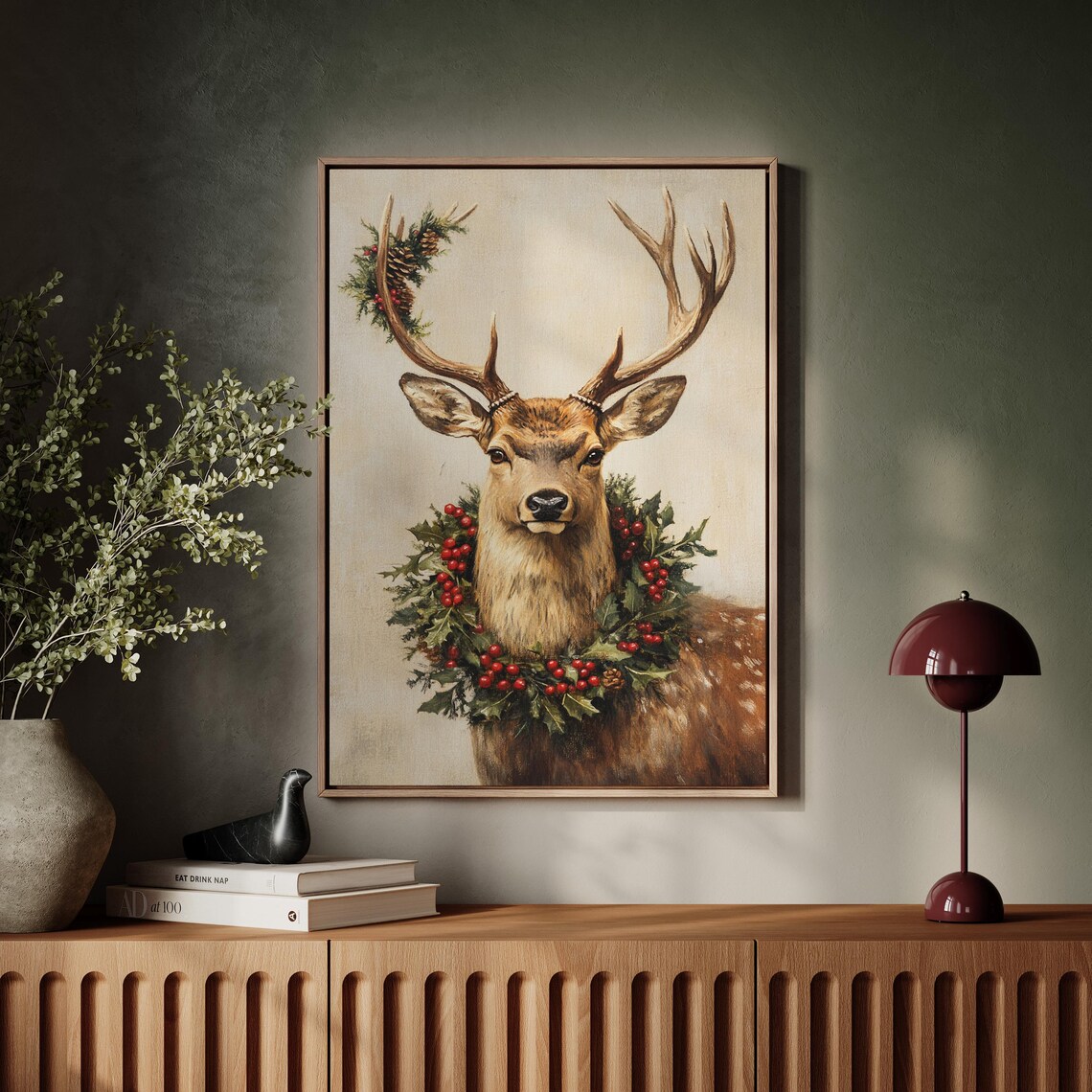 Christmas Stag With Holly Berry Wreath Vintage Holiday Art Poster - Image 6