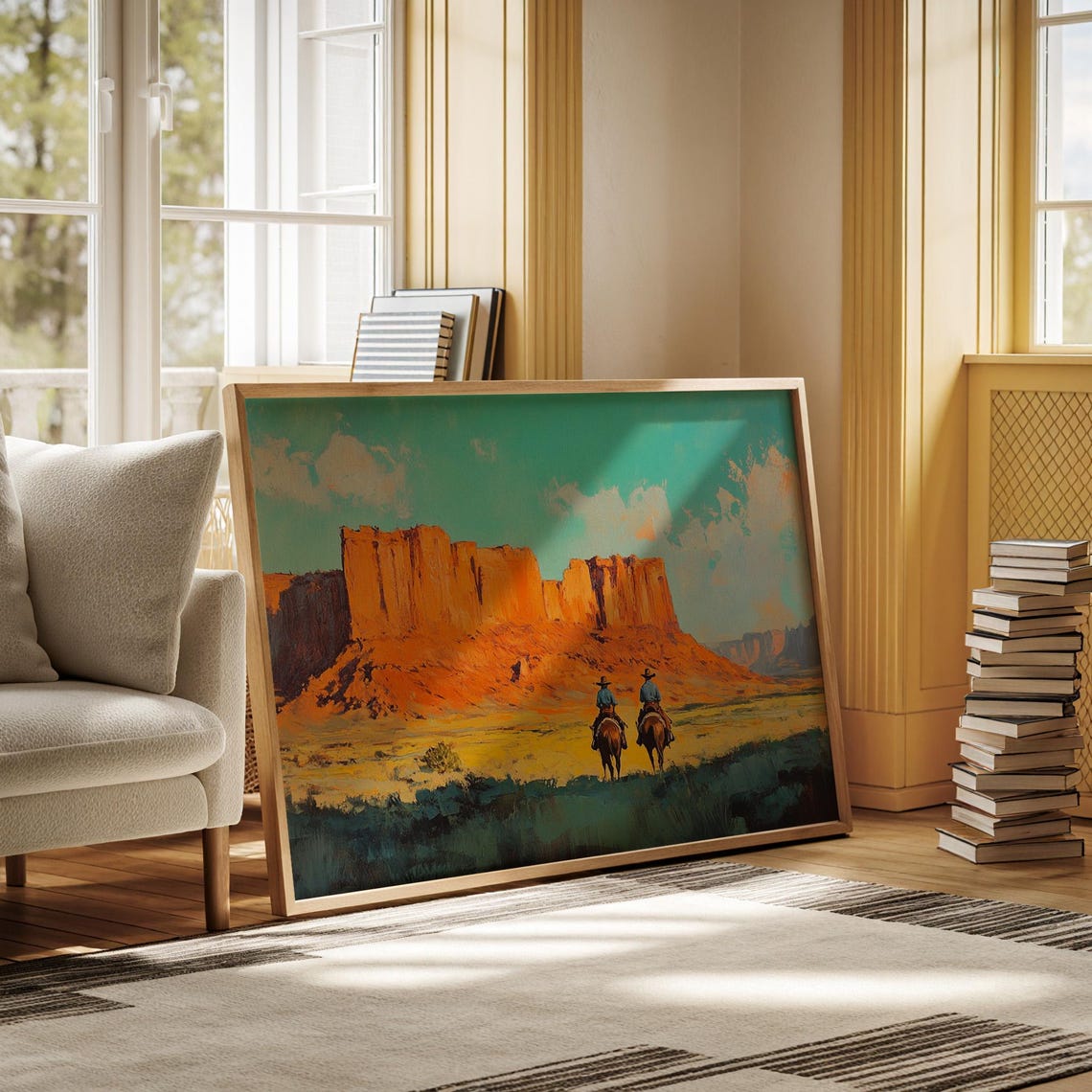 Cowboys On Horseback Art Western Desert Wall Print Southwest Landscape Painting Rustic Ranch Decor Cowboy Country Wall Art