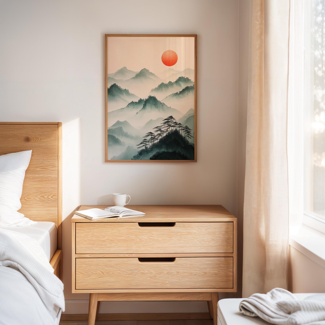 Japanese Sumi-E Mountain Print, Red Sun Landscape - Image 4
