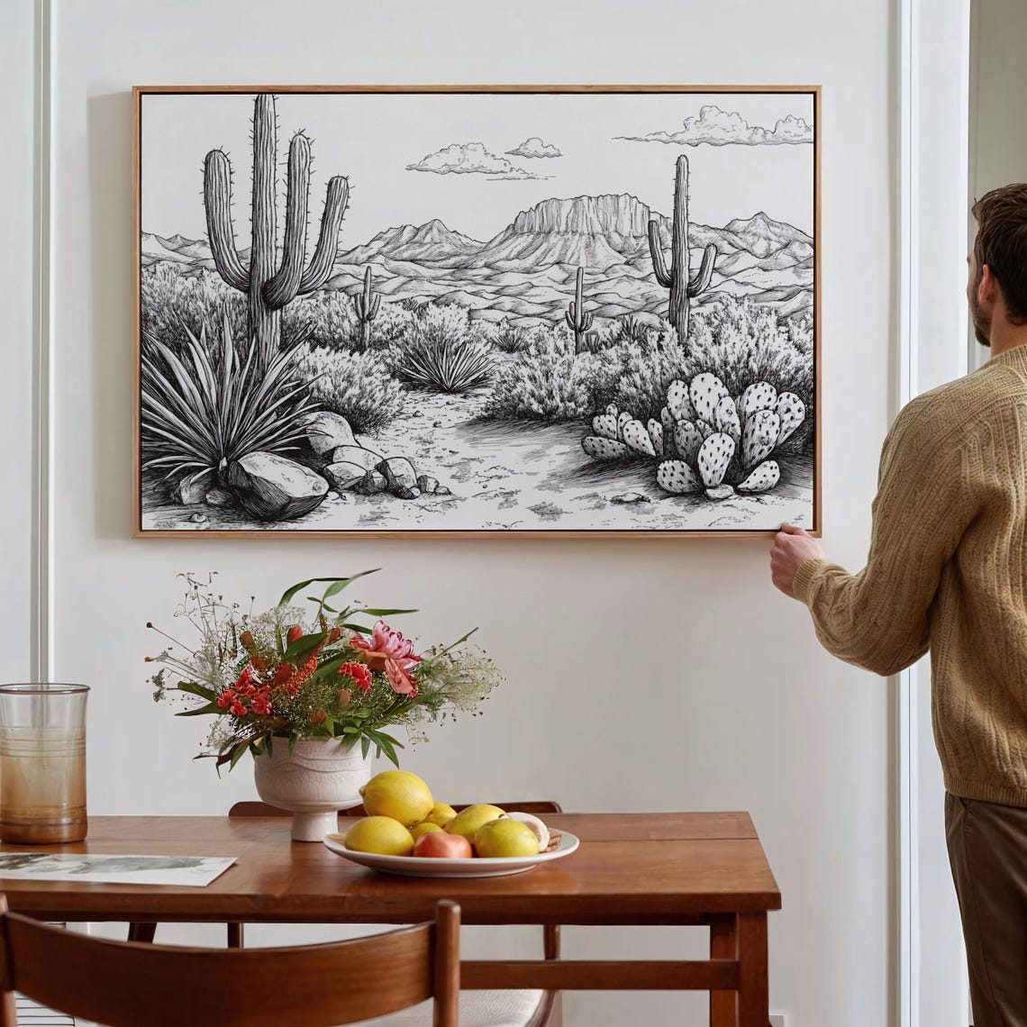Monochrome Desert Cactus Ink Sketch Southwest Landscape Wall Poster - Image 2