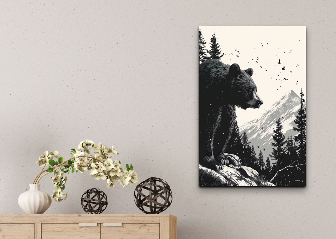 Black Bear Mountain Ink Art Wilderness Wildlife Forest Wall Art - Image 6