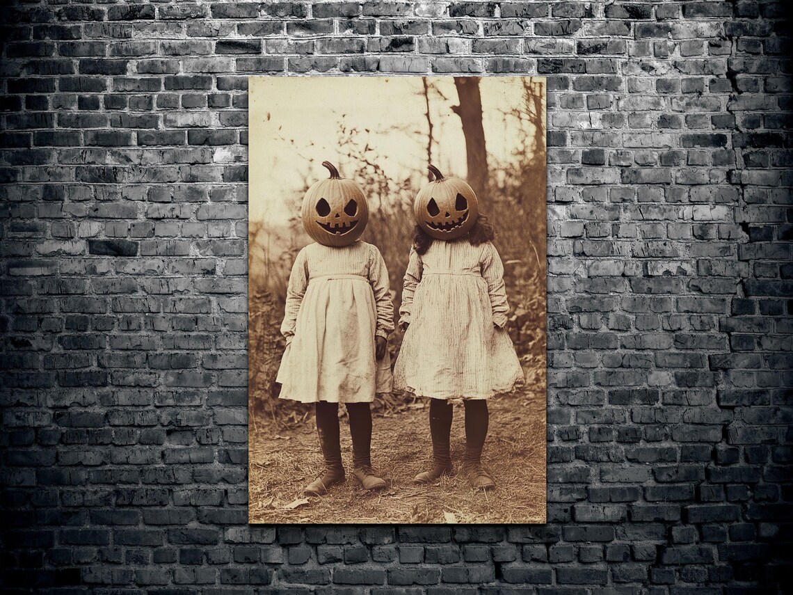 Sepia Pumpkin Head Children Vintage Halloween Creepy Photo Poster - Image 2