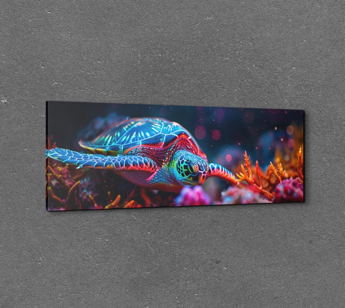 Sea Turtle Neon Glow Over Coral Panoramic Underwater Art Poster - Image 4