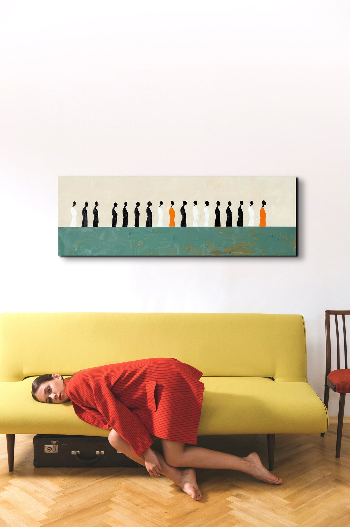 Panoramic Minimalist Green And Beige With Abstract People In The Horizon Ready To Hang Panoramic Wall Art Print - Image 4