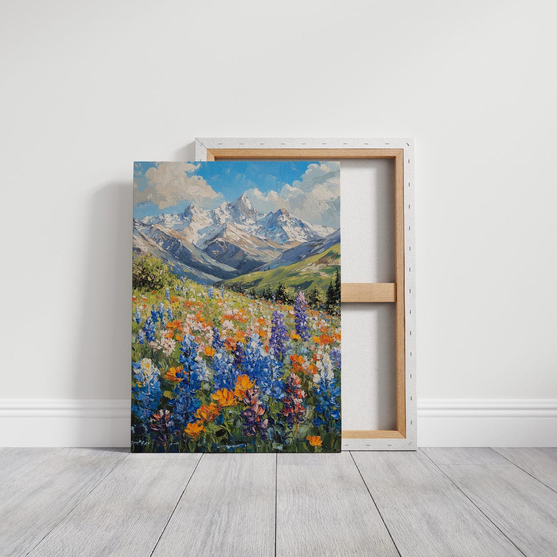 Snowcapped Mountain Bluebonnet Meadow Impasto Oil Painting Poster - Image 3