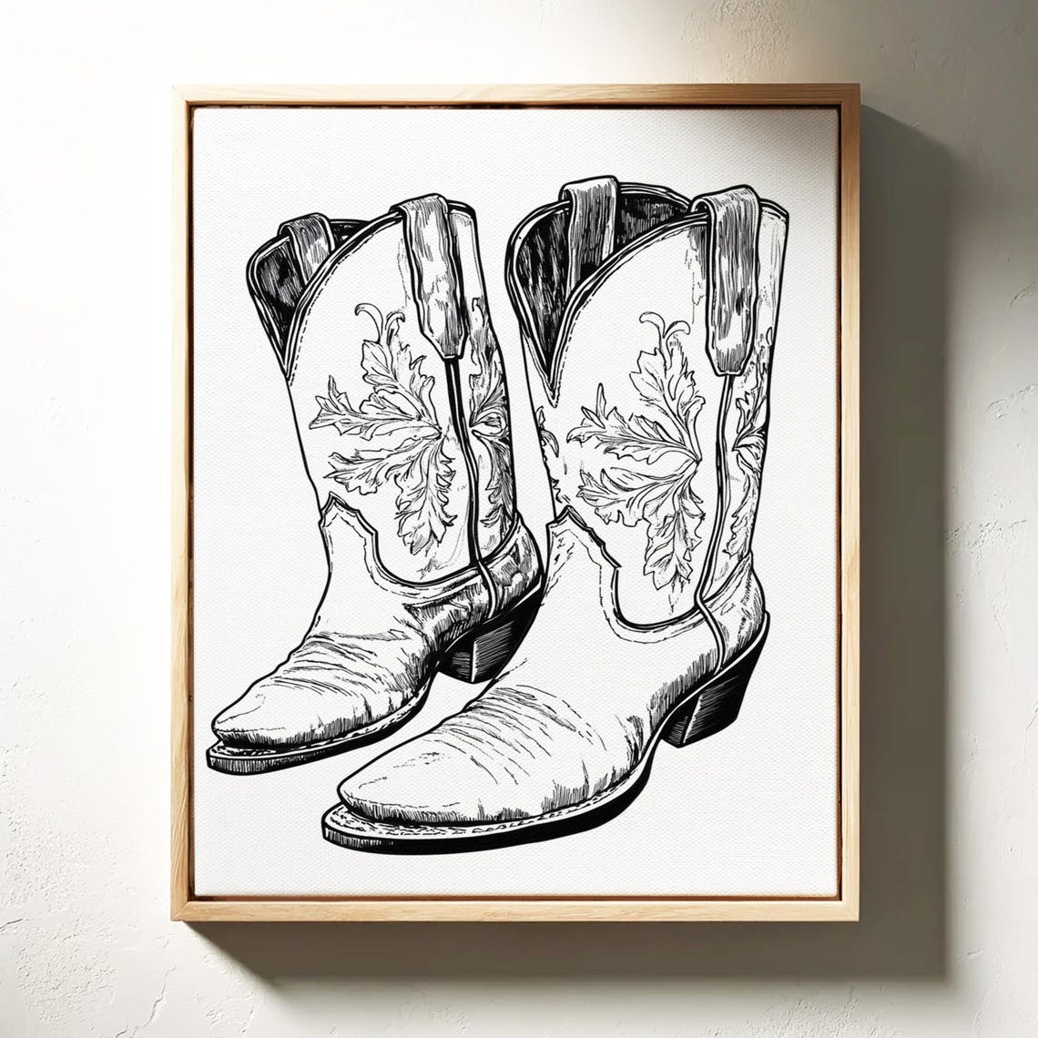 Vintage Cowboy Boots Black Ink Illustration Western Country Farmhouse Wall Art Rustic Rodeo Decor