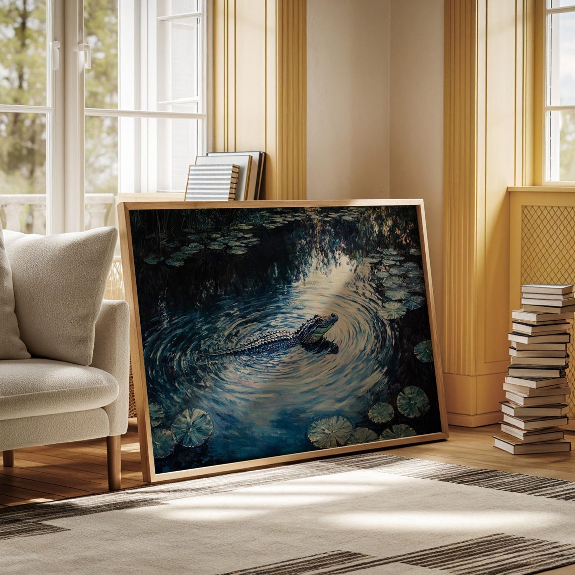 Alligator Swimming in Moonlit Lily Pond Dark Blue Swamp Poster - Image 6