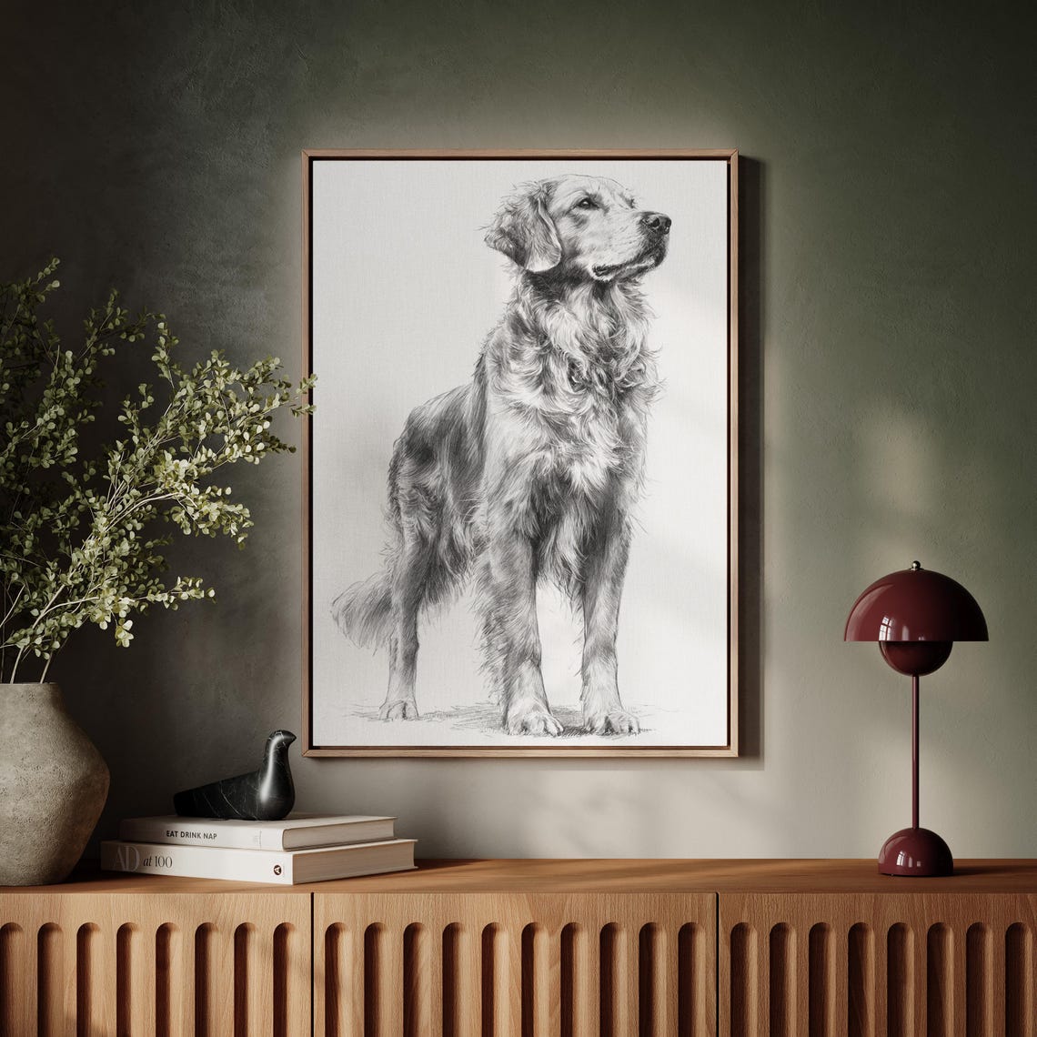 Golden Retriever Standing Pencil Sketch Monochrome Dog Portrait Poster