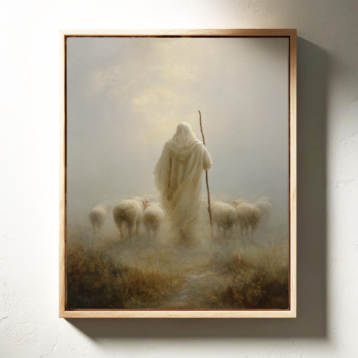 Shepherd Guiding Sheep Through Misty Morning Light Serene Faith Art Poster