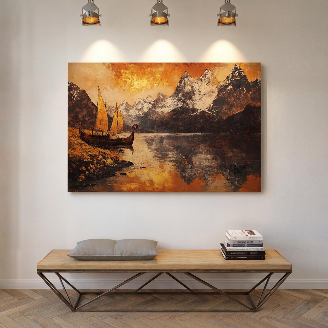 Golden Viking Longship, Scenic Mountain Lake Poster - Image 7