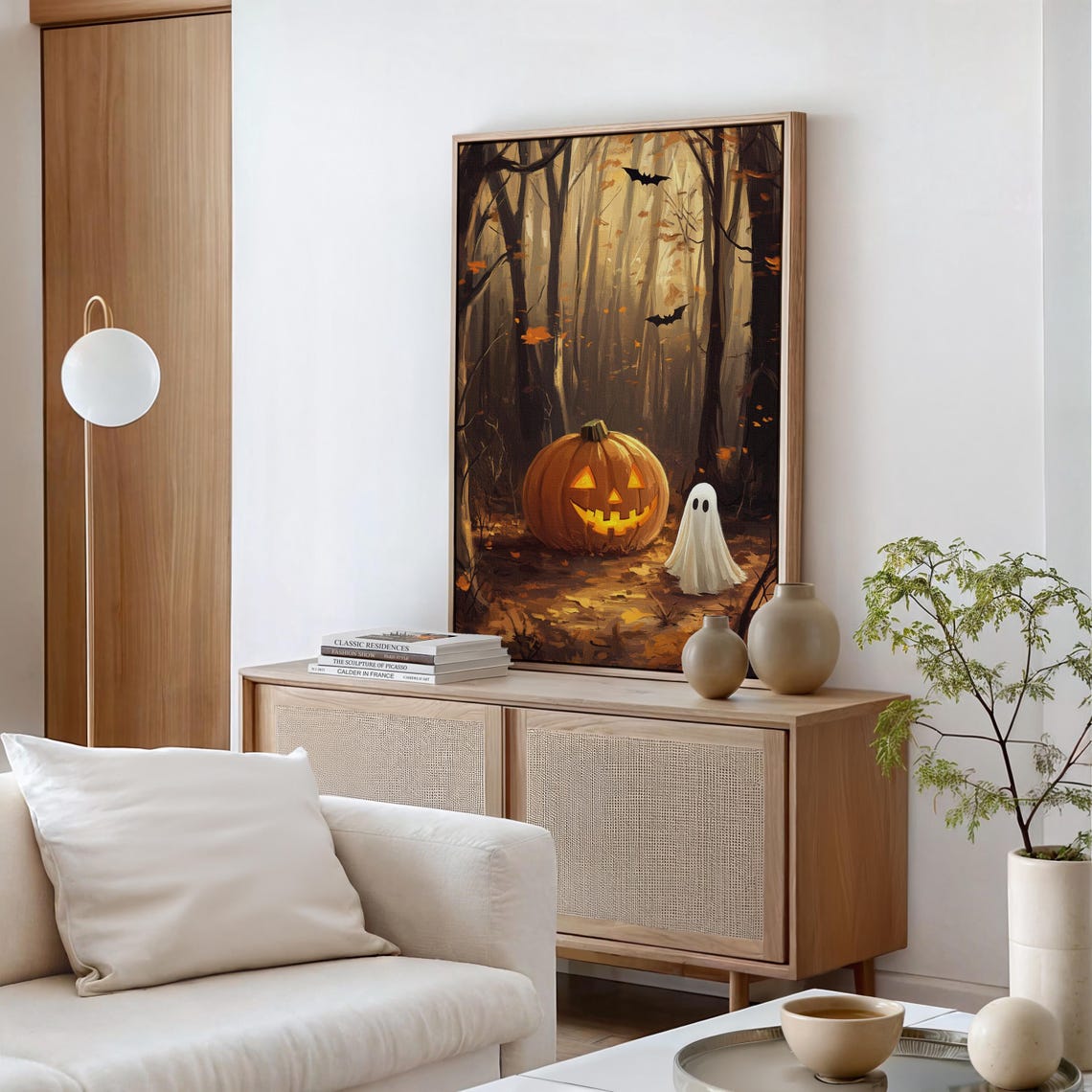 Jack O Lantern And Ghost In Autumn Forest With Bats Halloween Poster - Image 3