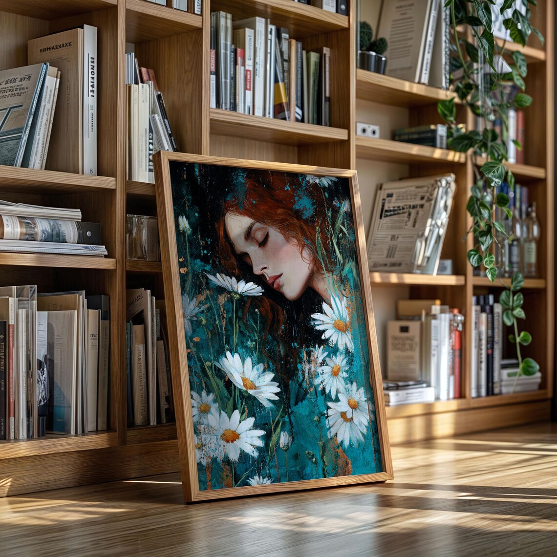 Dreaming Woman Among White Daisies Dark Teal Floral Art Poster