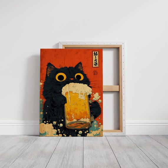Black Cat Holding Beer Mug Japanese Woodblock Style Wall Art