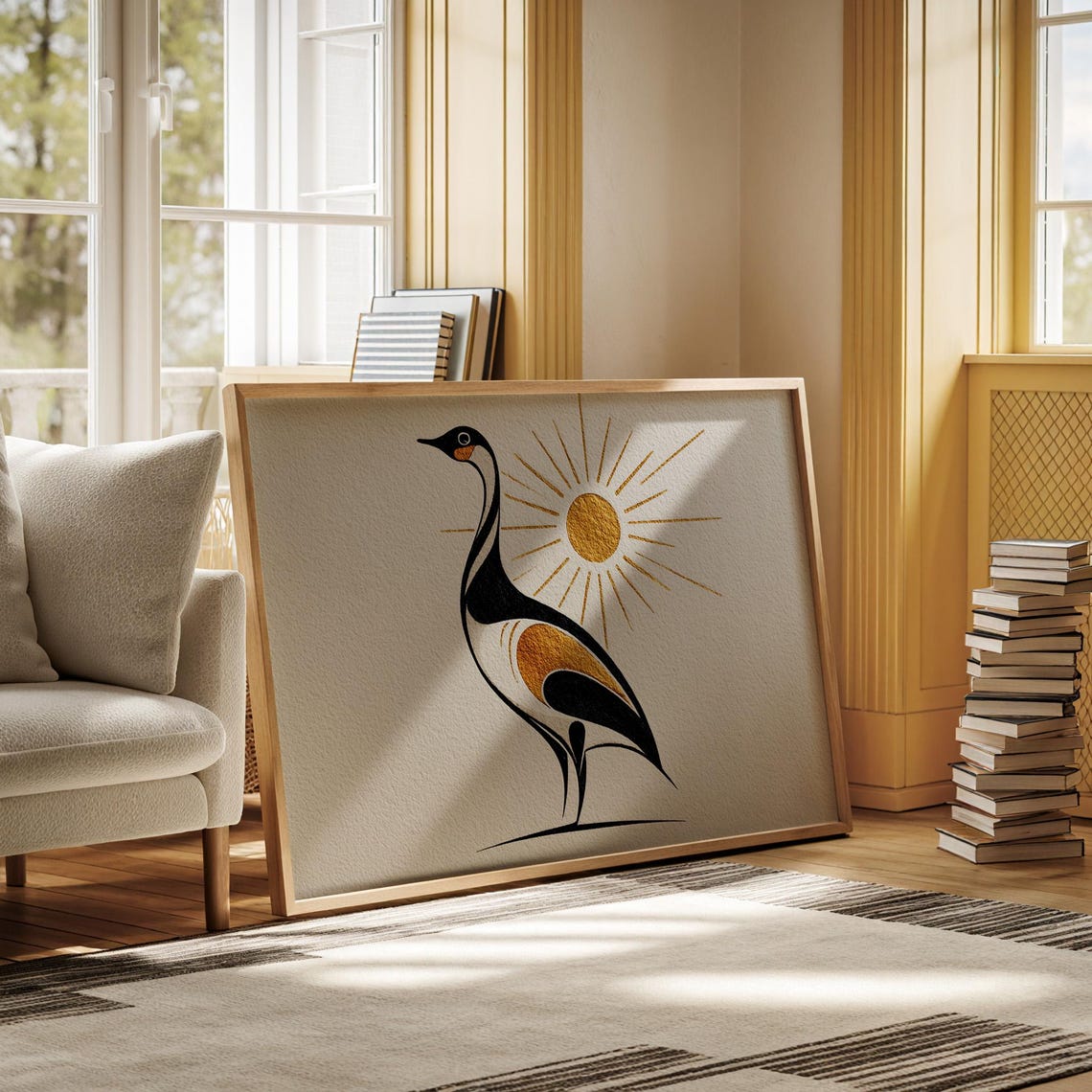 Minimalist Crane Bird With Golden Sun Modern Boho Art Poster