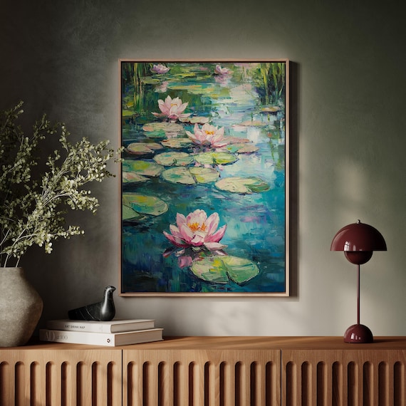 Pink Water Lilies Pond Impressionist Oil Painting Bold Floral Poster