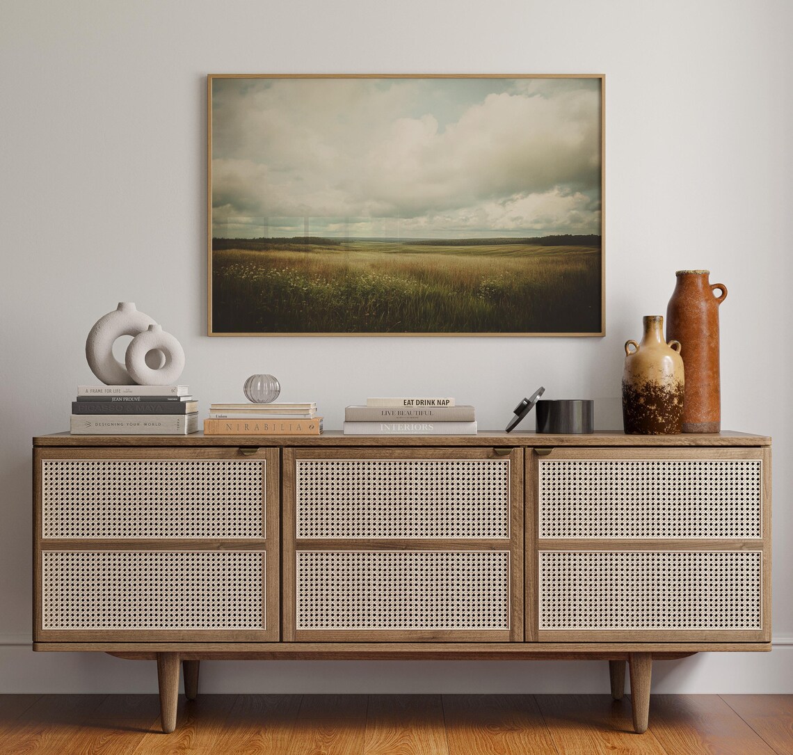 Misty Green Prairie Under Cloudy Sky Landscape Painting Poster - Image 4