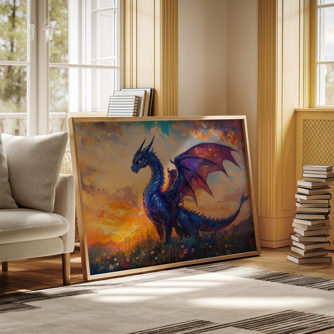 Majestic Blue Dragon at Sunset Vibrant Fantasy Oil Painting Print - Image 3