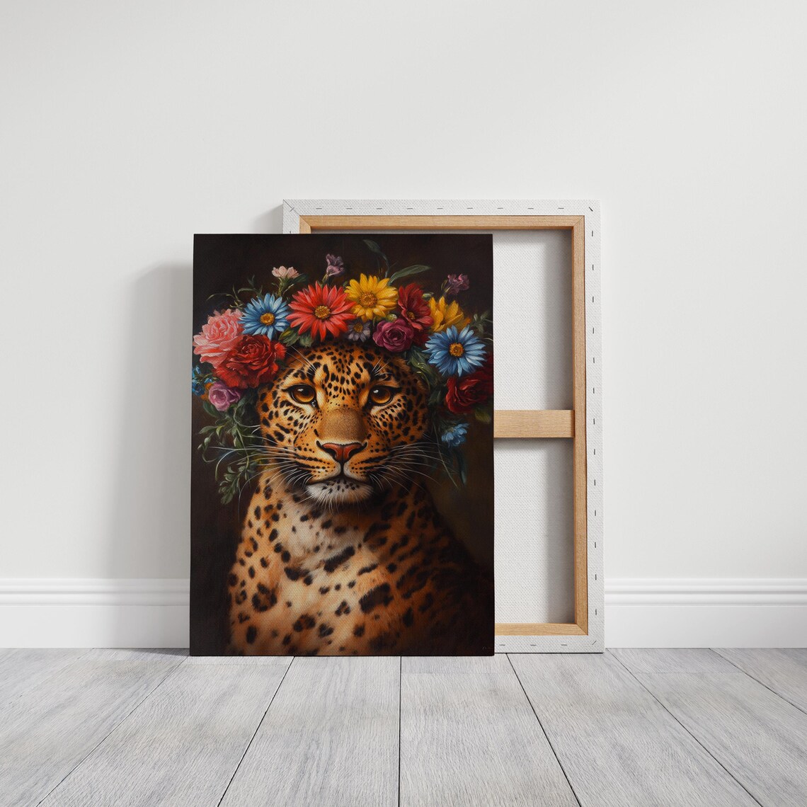 Leopard Portrait Wearing Vibrant Flower Crown Dark Floral Poster - Image 3
