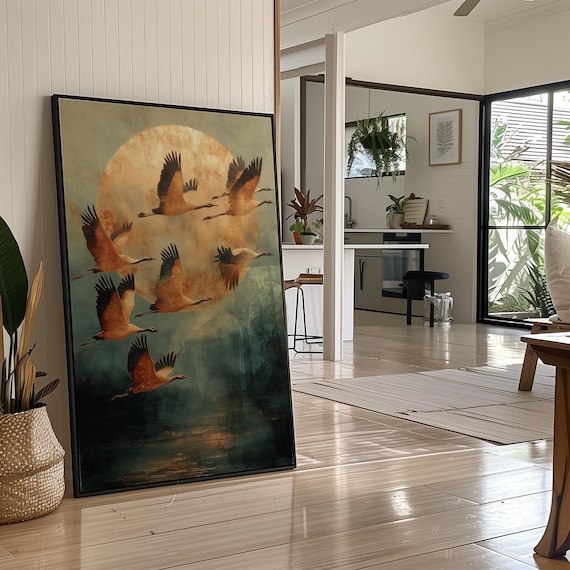 Golden Cranes Beneath The Rising Moon Art Print
