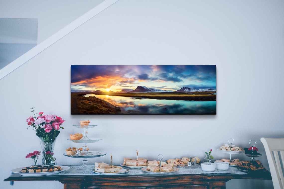 Sunset River Valley Beneath Mountain Peaks Panoramic Art Poster - Image 7