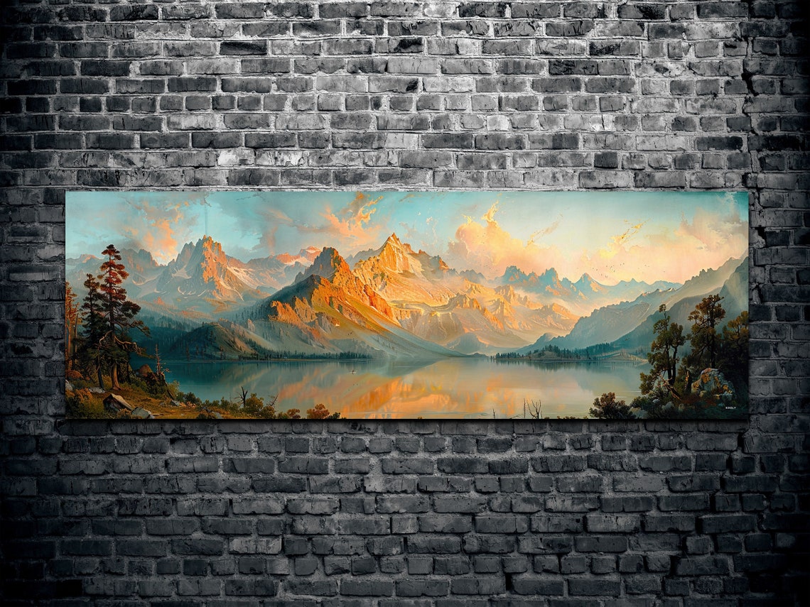 Golden Mountain Range Lake Reflection Sunrise Vintage Landscape Print - Image 2
