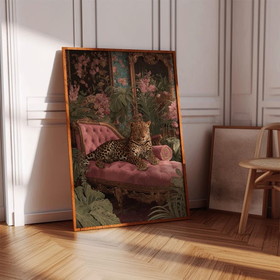 Leopard On Pink Chaise Canvas Wall Art Exotic Jungle Animal Painting Vintage Botanical Dcor With Regal Wildlife In Lush Tropical Setting