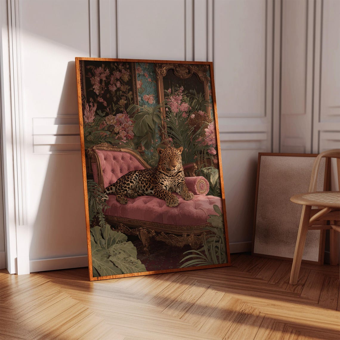 Leopard on Pink Chaise Lounge Jungle Botanical Vintage Style Poster