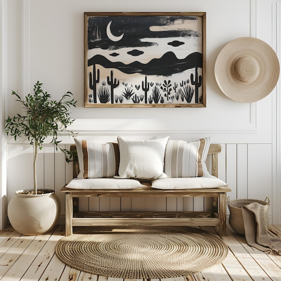 Moonlit Desert Night Black And White Cactus Silhouette Poster
