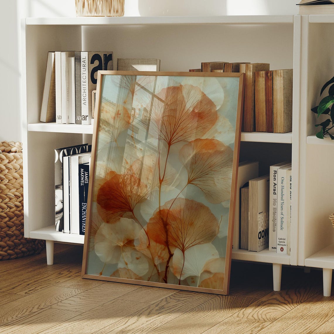 Backlit Amber Skeleton Leaves Glowing in Soft Warm Light Art Poster