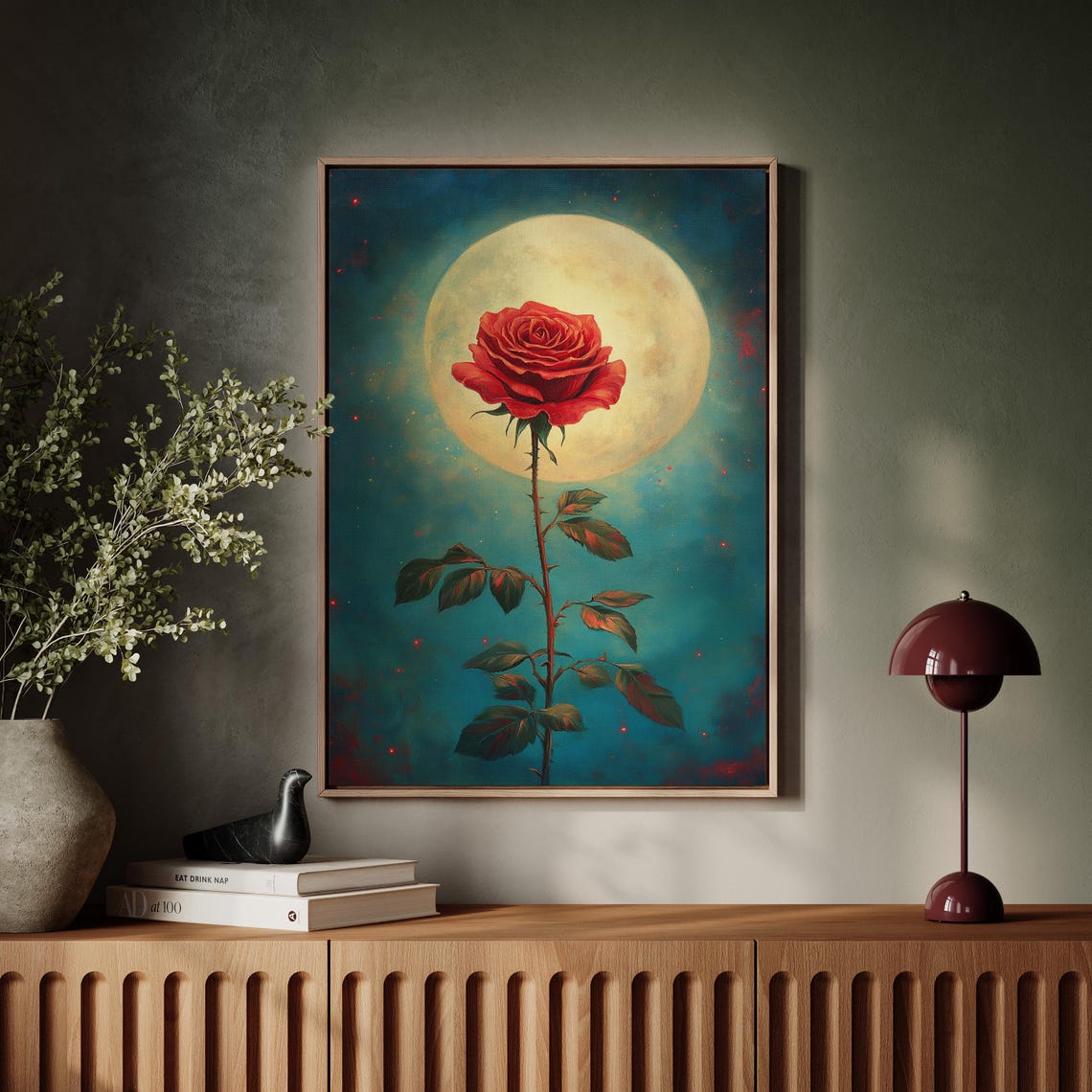Red Rose Stem Golden Full Moon Teal Night Celestial Bloom Poster - Image 7