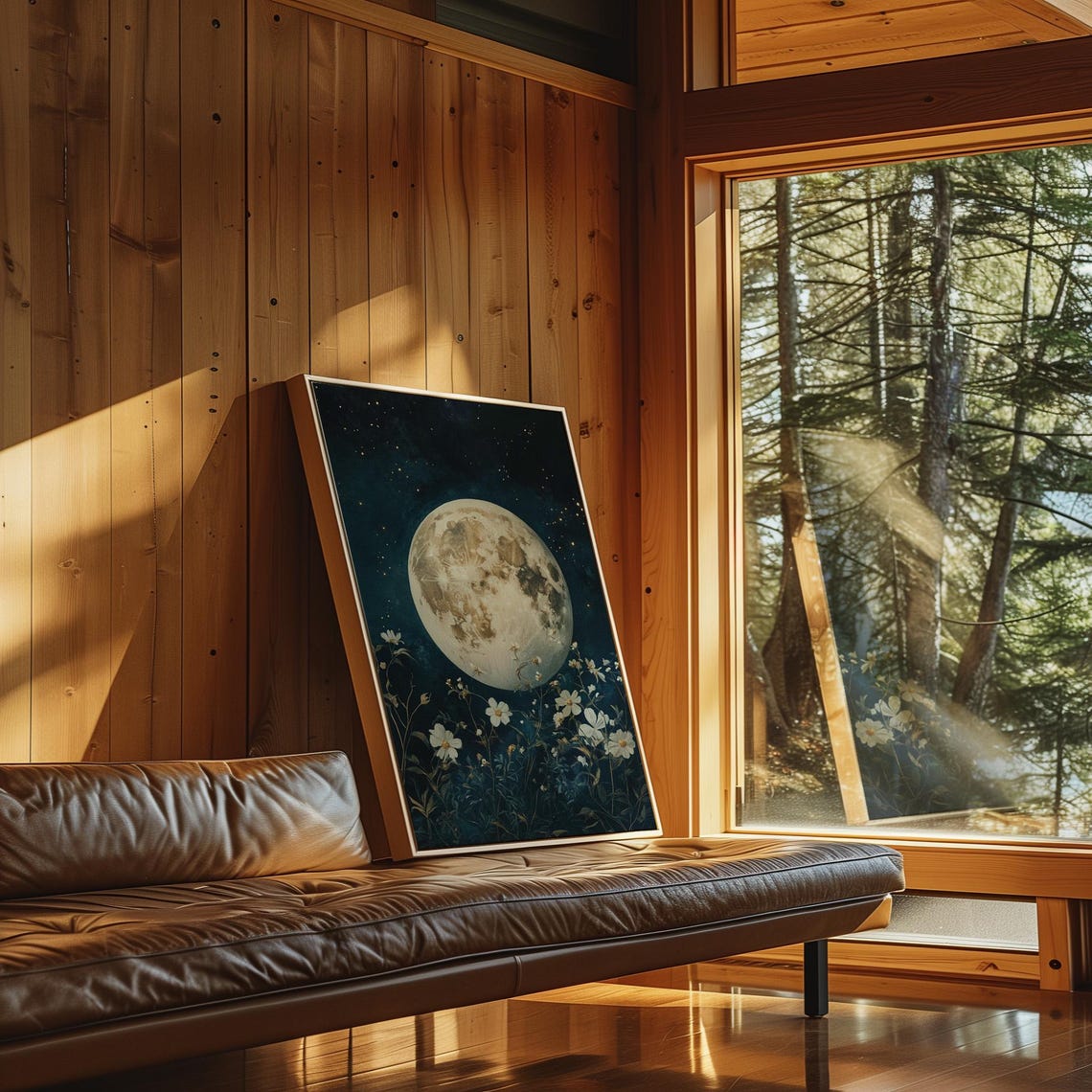 Full Moon Rising Over White Wildflowers Starry Night Art Poster - Image 3
