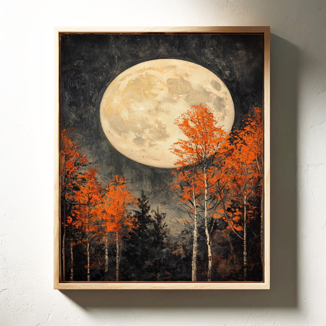 Full Moon With Autumn Birch Trees, Rustic Wall Art Print - Image 3
