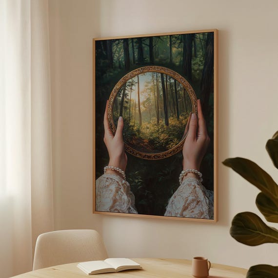 Enchanted Forest Reflection Vintage Nature Art With Golden Mirror Frame Mystical Woodland Wall Decor For Home