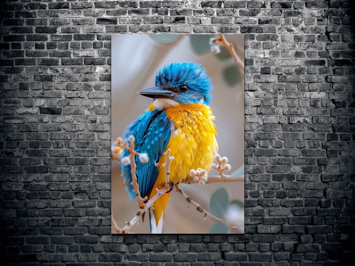 Malachite Kingfisher On Branch Vibrant Blue Yellow Bird Photo Wall Art - Image 2