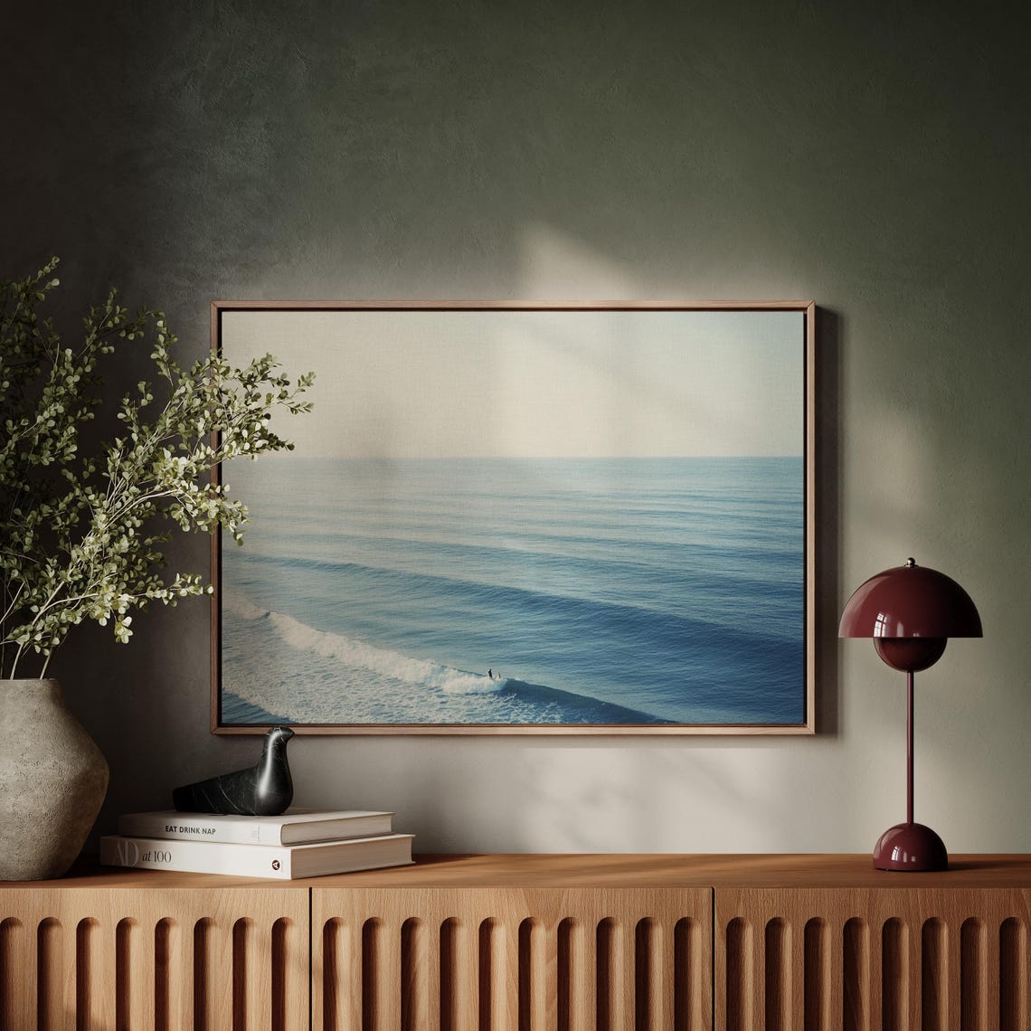 Surfer Ocean Minimalist Wave Art Tranquil Seascape Print Coastal Wall Decor Blue Beach Painting Serene Surfing Scene