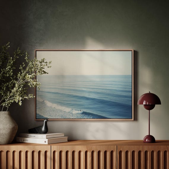 Surfer Ocean Minimalist Wave Art Tranquil Seascape Print Coastal Wall Decor Blue Beach Painting Serene Surfing Scene