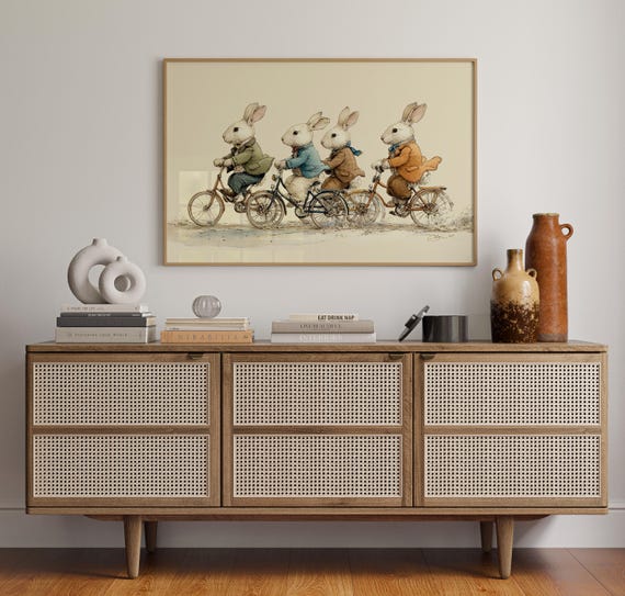 Whimsical Rabbit Bicycle Ride Canvas Wall Art Vintage Animal Illustration Playful Bunnies On Bikes Cute Storybook Nursery Decor